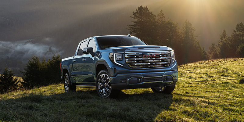 2025 GMC Sierra 1500 pickup truck parked on a grassy field at sunrise with mountains and pine trees in the background, highlighting its chrome grille, bold design, and rugged off-road stance.