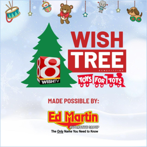 A vibrant graphic showcasing a tree labeled 'WISH TREE' in bold red text, with toys hanging above to highlight a charity initiative.