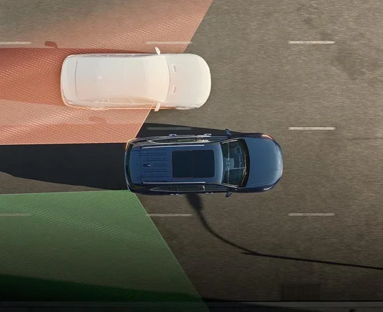 Overhead view of a Buick SUV with blind zone and rear cross traffic detection zones shown