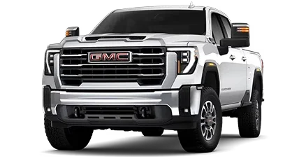 White GMC Sierra HD crew cab pickup, front three-quarter view