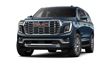 Dark blue GMC Yukon XL Denali full-size SUV, front three-quarter view