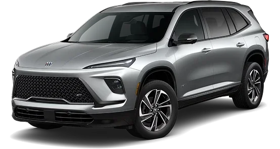 2026 Buick Enclave Sport Touring in silver with a black grille and wheels, front three-quarter view
